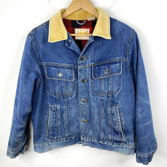 Vintage WINGARS Mens Size Medium Trucker Denim Jean Jacket Red Plaid Lining - Picture 1 of 6